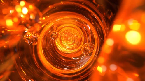 Abstract swirling orange vortex with glowing orbs, digital art style.