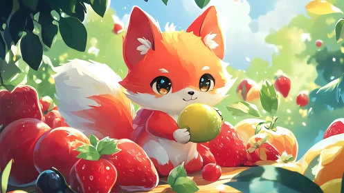Cute chibi fox holding fruit amid bright garden berries.