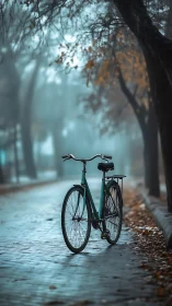 Green bicycle on wet tree-lined pathway in fog.