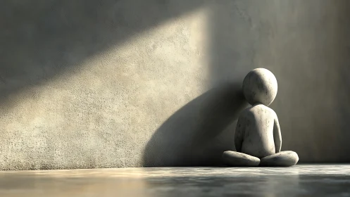Lonely stone figure sits in quiet light against wall.