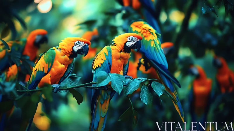 Vibrant macaws perched in lush jungle, vivid photography style.