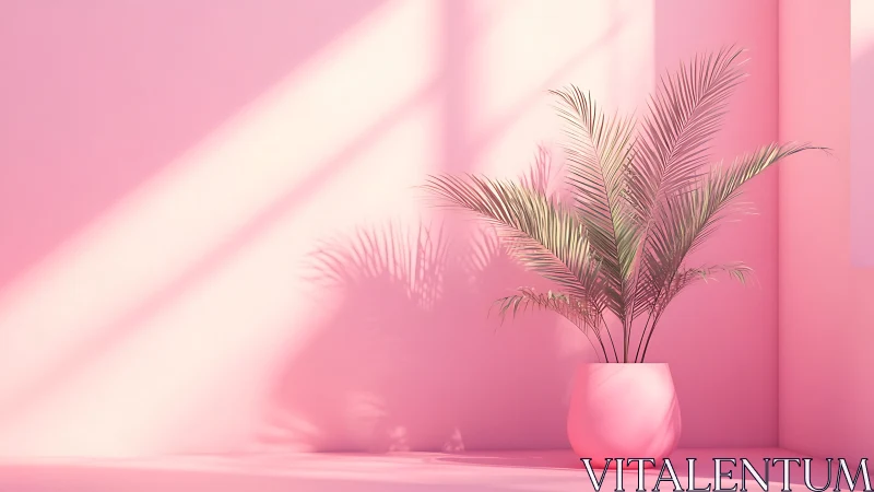 Palm plant in pink pot against soft pastel wall.