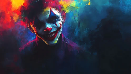 Electric clown portrait in swirling neon night clouds.