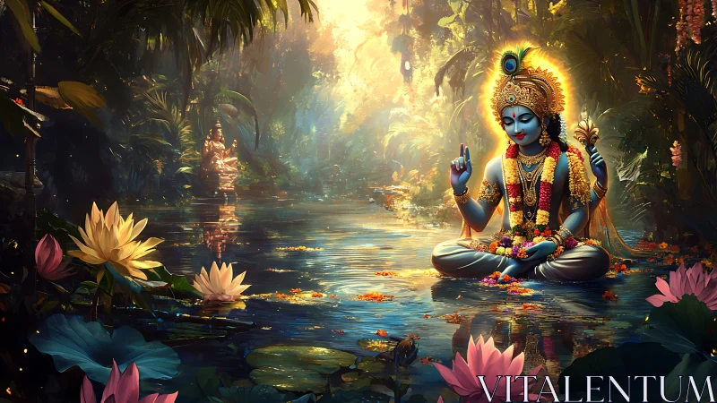 Divine blue deity meditates on reflective lotus pond with luminous halo