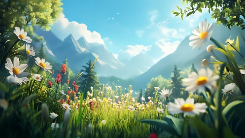 Sunlit meadow of wildflowers welcomes a peaceful mountain day