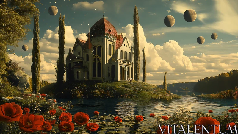 Enchanted riverside manor floats beneath drifting moons.