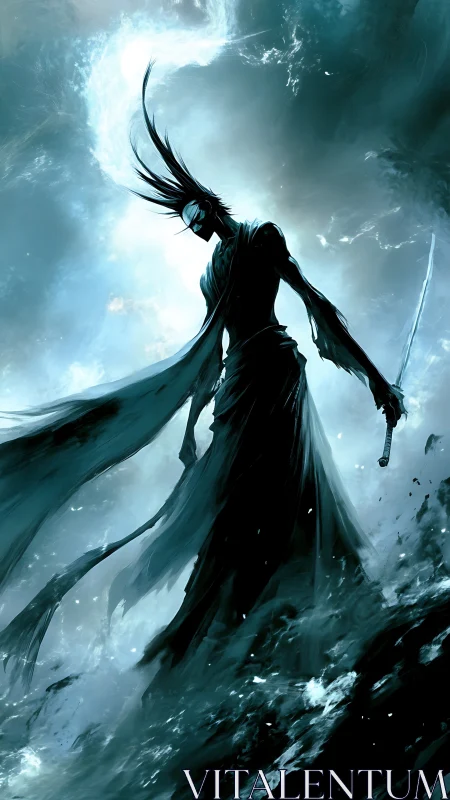 Spectral swordsman rising through storm-torn ocean veil.