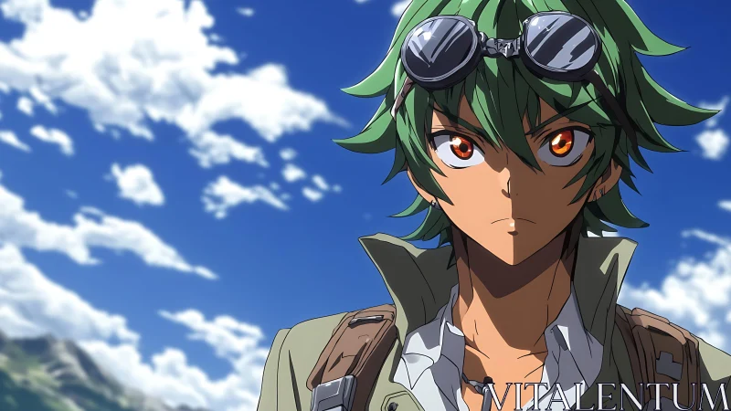 Skyward wanderer with goggles under vivid summer clouds.