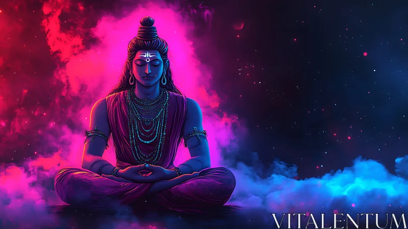 Serene blue deity meditating amid pink and blue nebula.