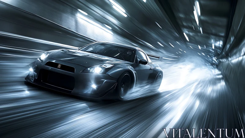 Midnight GT sports car slicing through neon tunnel speed.