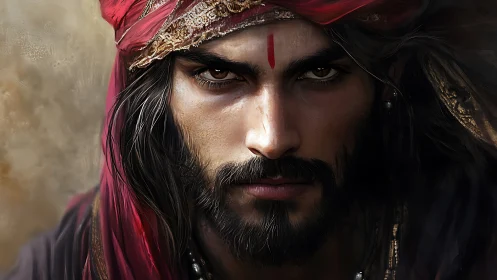 Mysterious desert wanderer with steady, soulful gaze.