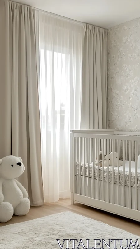 Monochrome neutral nursery with crib, plush bear and soft light