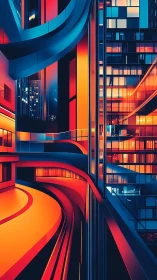 Bold neon city architecture with curving elevated walkways.