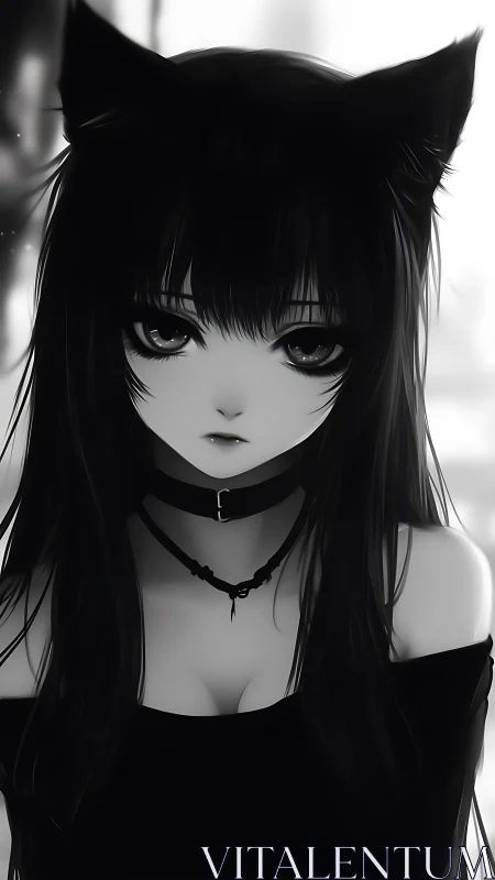 Cat-eared anime girl stares forward in monochrome portrait