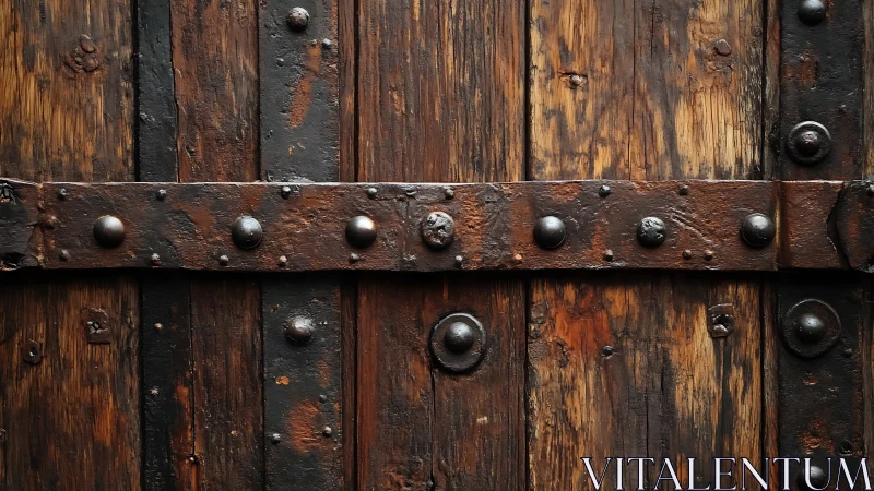 Scarred timber gate with weathered iron strap and rivets.