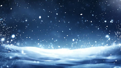 Winter blizzard sweeps over luminous midnight snowfield.