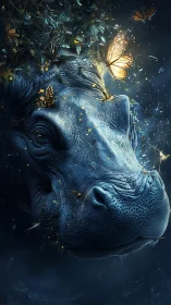 Moonlit hippo dream draped in butterflies and river light.