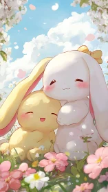 Pastel chibi bunnies cuddling in flower meadow under spring sky