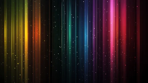 Vertical chromatic light bands with luminous particle field.