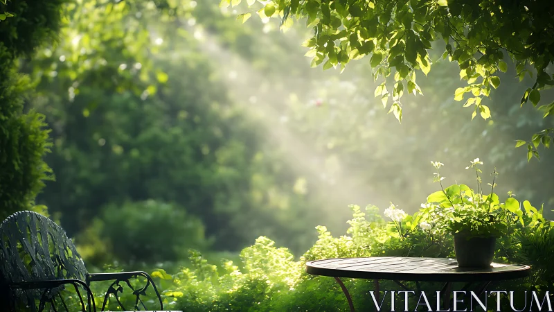 Sunlit garden patio with metal chair and round table.