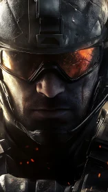 Armored futuristic soldier stares through burning visor glass.
