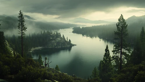 Whispering pines guard a mist-laden mountain lake at dusk.