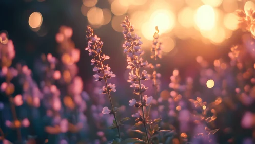 Field of Lupine Flowers with Bokeh Backlit Sunset Illumination and Depth of Field