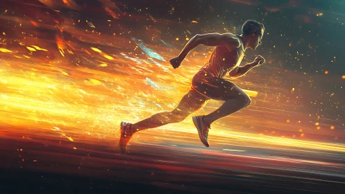 Runner in a trail of fire, chasing a personal sunrise.