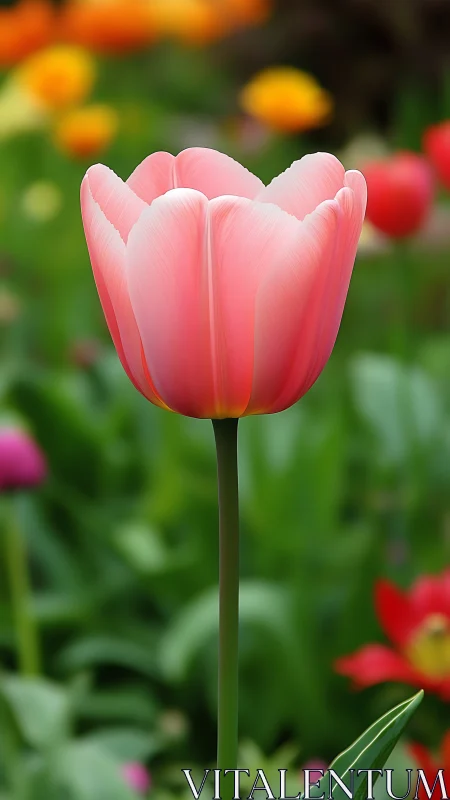 Pink Tulip in Full Bloom Against Garden Backdrop.