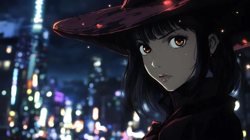 Urban night witch rendered in high-contrast anime lighting system