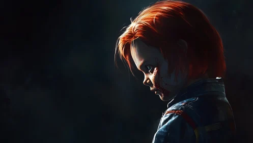 Bloodstained toy child glowers in cinematic shadowed gloom.