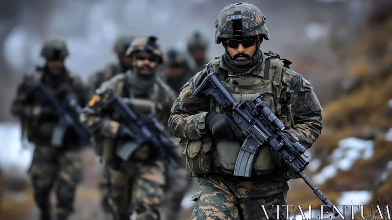 Infantry squad in winter patrol formation with carbines ready