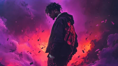 Hooded figure in neon magenta cloudscape with drifting debris