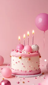 Pink Birthday Cake with Lit Candles and Balloons.