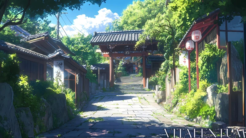Anime courtyard street under summer shrine gateway light.