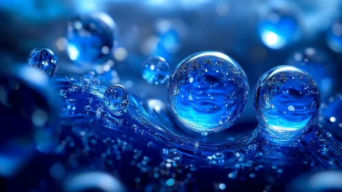 Shimmering blue droplets on liquid surface in macro view.