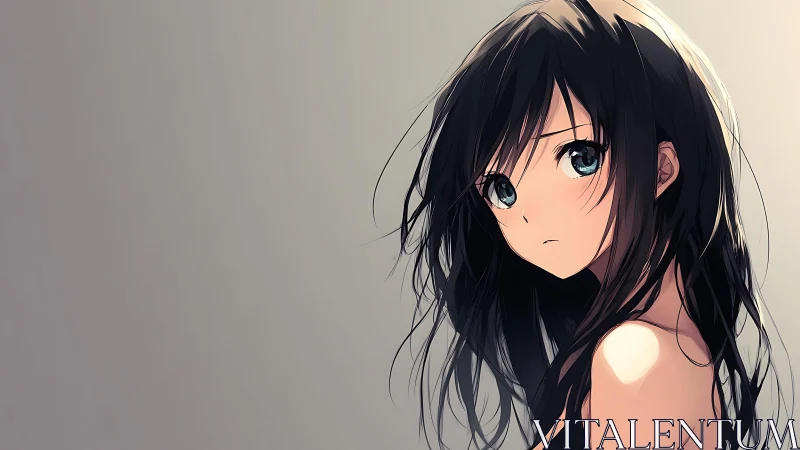Melancholic anime girl with long dark hair on gray backdrop.