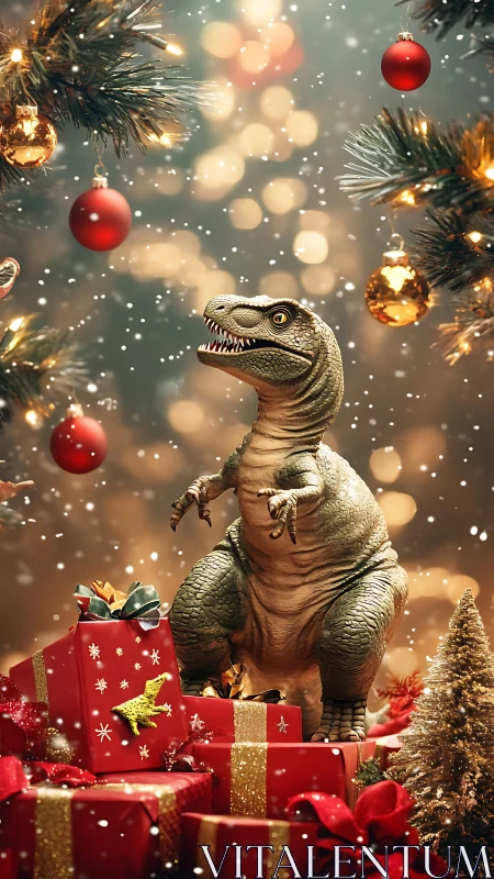 Tyrannosaurus rex toy stands among bright Christmas gifts.