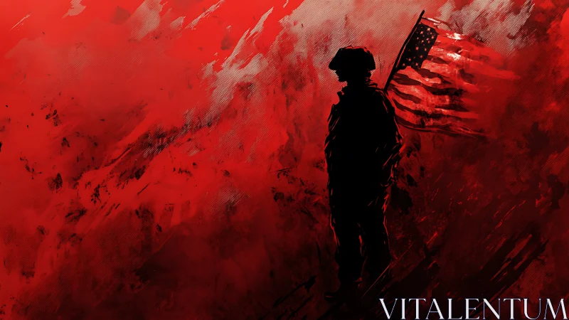 Silhouetted soldier holding US flag on red war field.