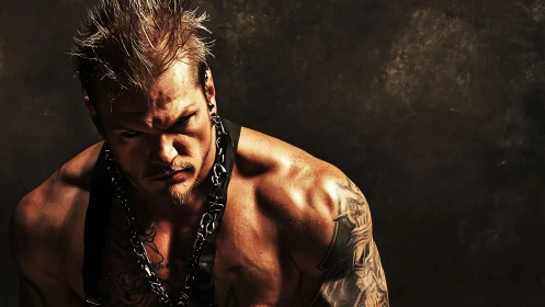 Brooding chain-clad bruiser glows under molten spotlight.