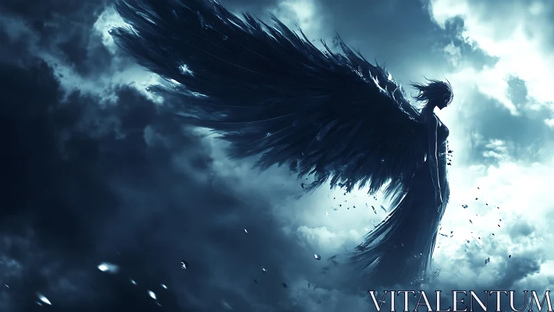 Storm-swept dark angel silhouette within luminous clouds.