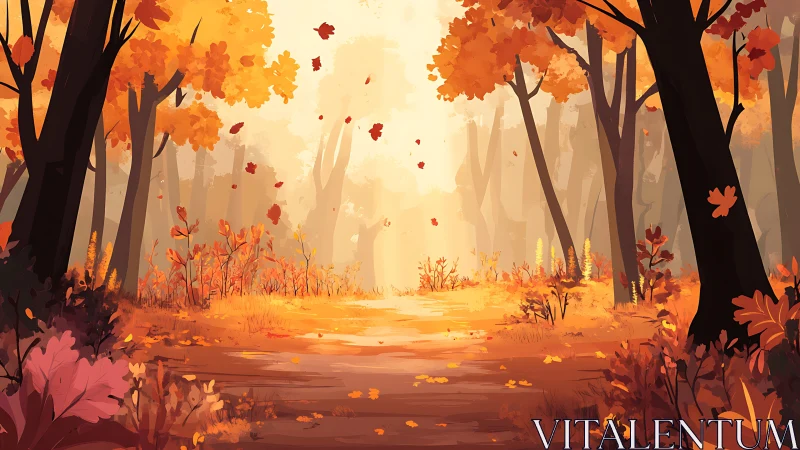 Autumnal Forest Pathway with Falling Leaves and Luminescent Atmospheric Perspective.