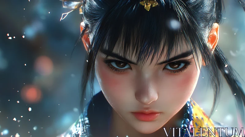 Fierce warrior girl stares ahead amid drifting light flakes.