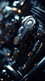 Chrome engine close-up glowing with soft urban light.