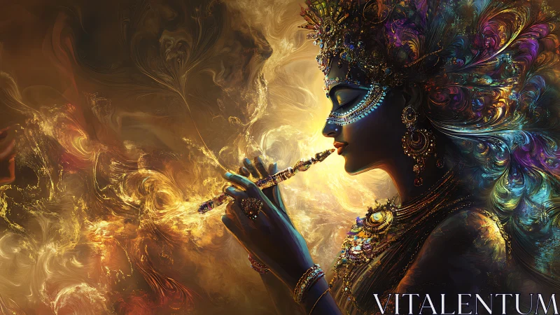 Profile view shows ornate figure playing flute amid swirling light
