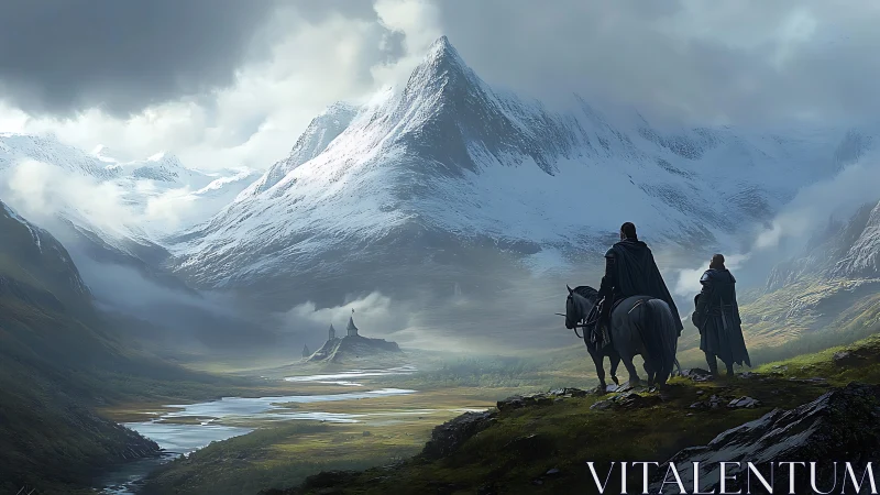 Travelers on horseback entering a misty mountain valley.