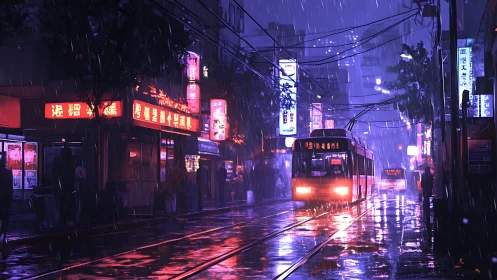 Neon tram glides through rainy purple-lit city street