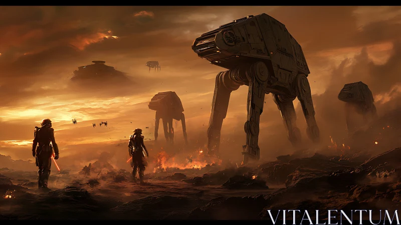 Colossal war walkers advance through a burning alien dusk