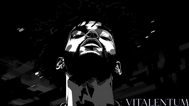 Stylized monochrome portrait shows upward gaze in stark light