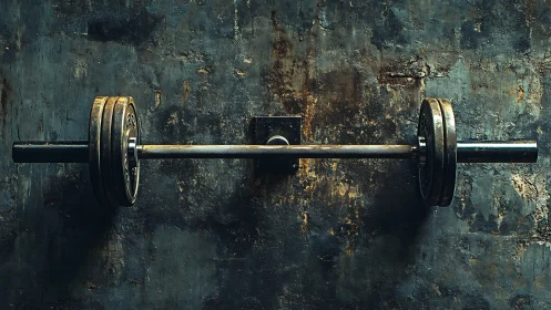 Steel barbell with weight plates on rough textured wall mount.
